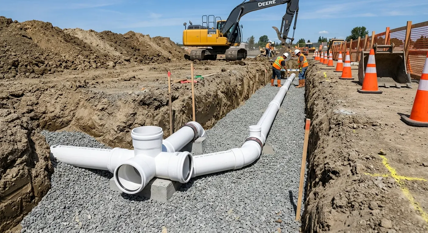 New PVC sewer pipe installation in open trench for Sewer Backup in Burke Centre