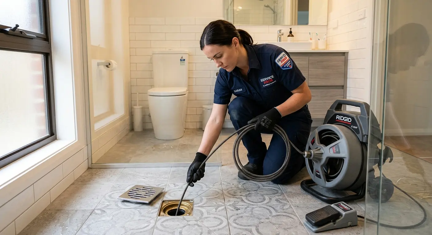 Technician clearing a bathroom floor drain for Drain Cleaning in Burke Centre